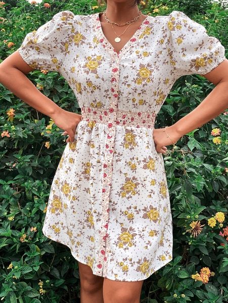 

floral button front shirred waist dress i7wn#, Black;gray