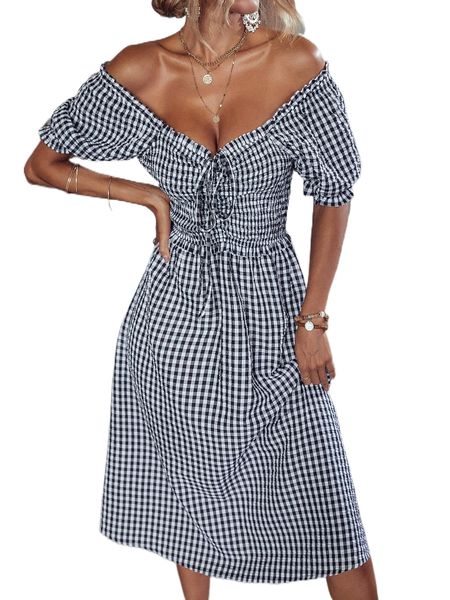 

gingham shirred drawstring front puff sleeve dress n54q#, Black;gray