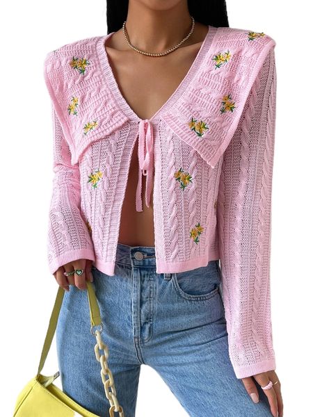 

floral embroidery sailor collar tie front cardigan 06jl#, White;black
