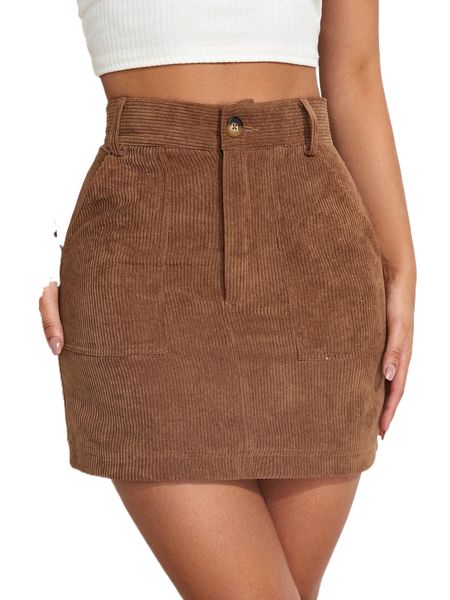 

high waist slant pocket corduroy skirt 52z9#, Black