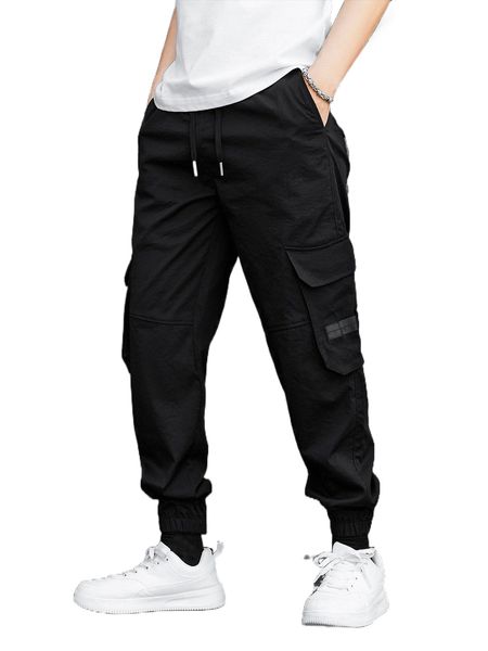 

men flap pocket side drawstring waist cargo pants r2eu#, Black