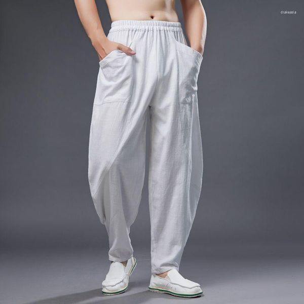 Calça de calça masculina pano simples harém masculino algodão cotelasanha elástica de estilo chinês casual lantern de lanterna drak22