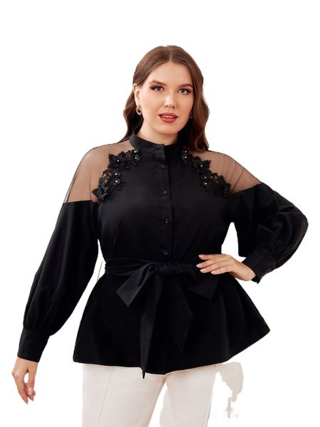 

plus contrast mesh applique detail lantern sleeve belted shirt p0lr#, Black