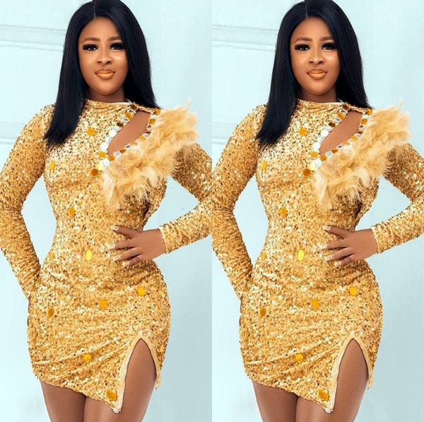 

2022 plus size arabic aso ebi gold crystals short prom dresses feather sheath evening formal party second reception birthday engagement brid, Black
