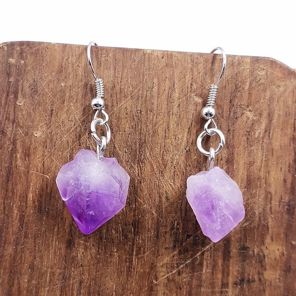 

irregular natural amethyst crystal dangle earring gem stone hanging earrings women jewelry, Silver