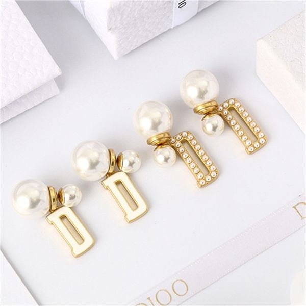 

2022 20% off designer jewelry d female di family letter pearl ins wind brass earrings high version, Golden