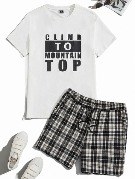 

men slogan graphic tee & plaid shorts set r9fg#, Gray