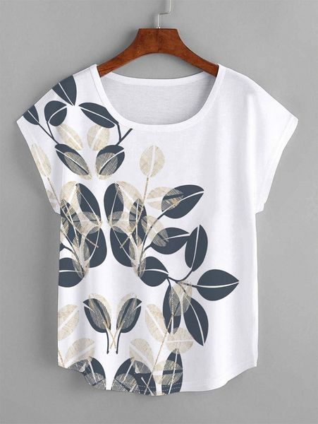

plus plant print batwing sleeve tee 7711#, Black
