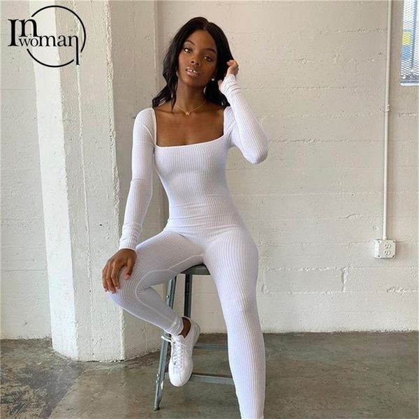 

inwoman white outfits jumpsuit for women long sleeve bodycon female spring black clubwear s 220809, Black;white