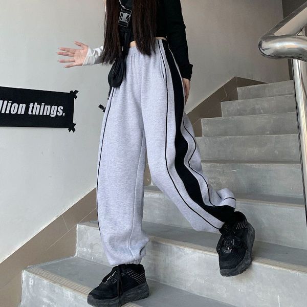 

autumn sports trousers women korean harajuku stitching straight casual pants thin all-match loose-fitting sports pants, White;black