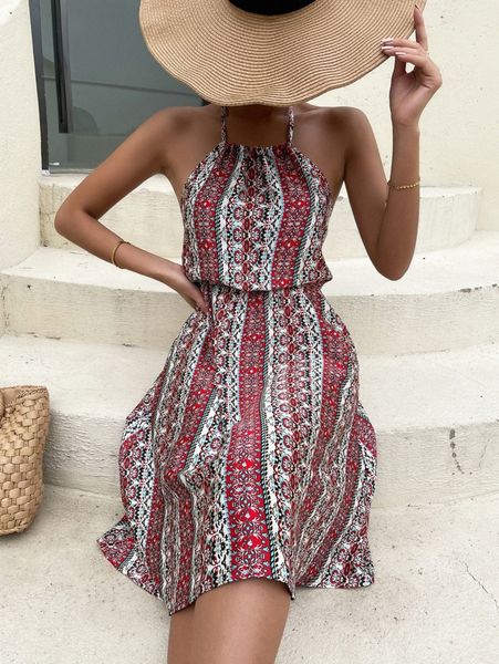

striped & floral print tied backless halter dress q7xm#, Black;gray