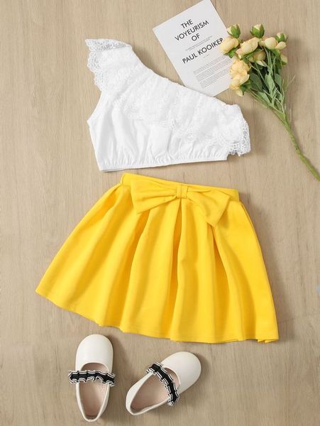 

sheen little girl embroidered mesh ruffle one shoulder and bow detail skirt set she, White