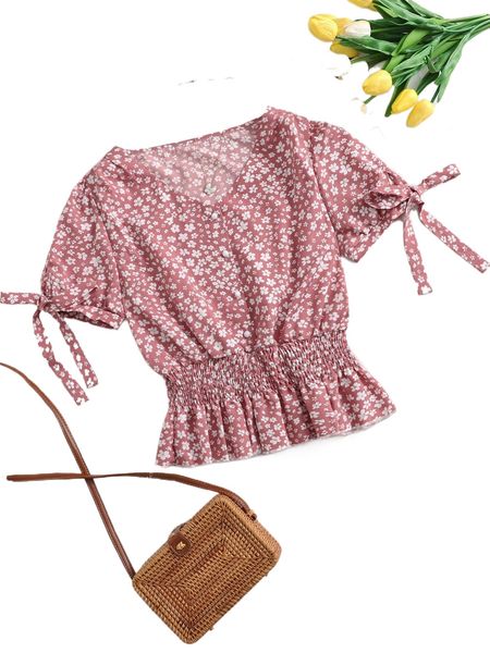 

ditsy floral shirred knot cuff smock blouse j8qw#, White