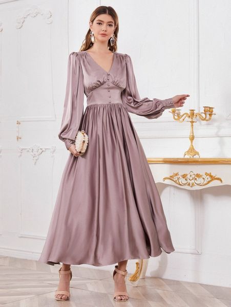 

buttoned front ruched bust satin dress y34h#, Black;gray