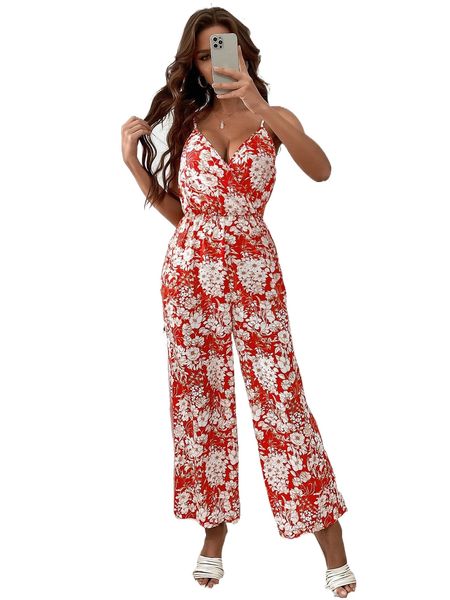

floral print surplice neck jumpsuit c1gy#, Black;white