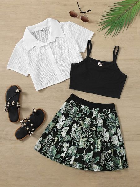 

girls solid cami & mesh & floral print pleated skirt she, White