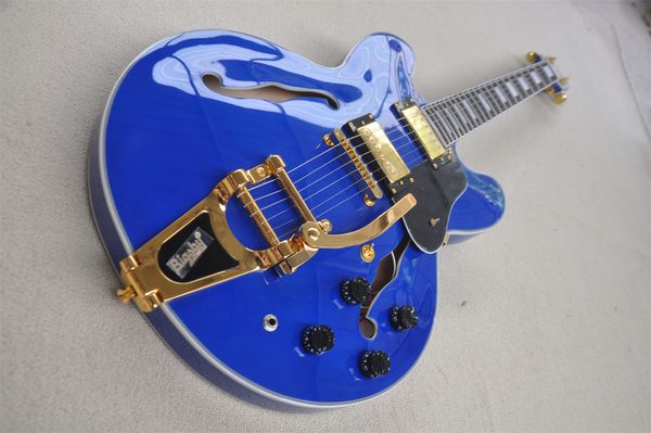 

35 hollow blue electric guitar white binding tremolo rocker fixed bridge black pickguard rosewood fingerboard 22 frets