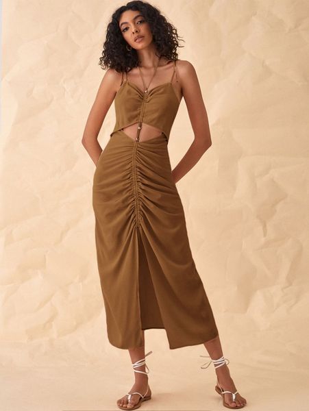 

beaded detail cut out ruched split thigh dress d5mn#, Black;gray