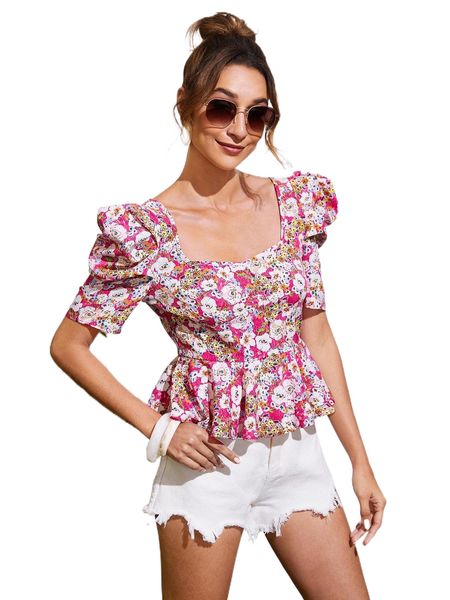

sweetheart neck allover floral print ruffle hem blouse 57sx#, White