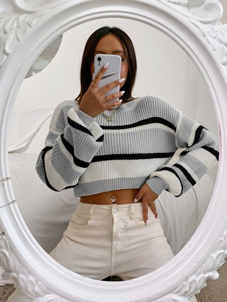 

color block drop shoulder sweater e8q4#, White;black