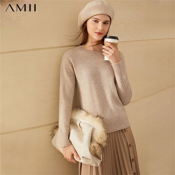 

amii minimalism fashion 100%woolsweaters for women causal solid oneck loose women's sweater female pullover 12070629 201222, White;black