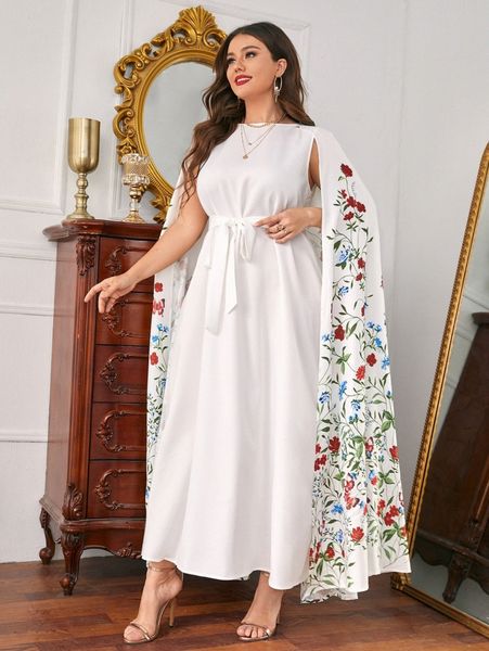

plus floral print belted cape dress x73z#, Black