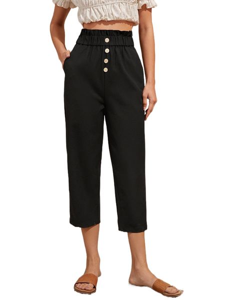 

high waist button front tapered pants w4aw#, Black;white