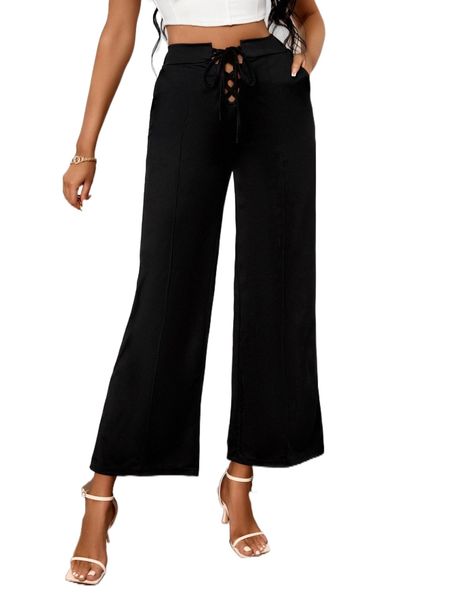 

sxy lace-up slant pocket solid pants 16ww#, Black;white