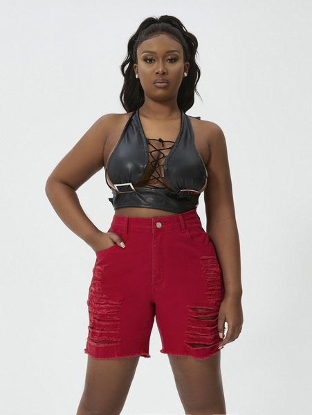 

sxy plus high waist ripped raw cut denim shorts p6wc#, White;black