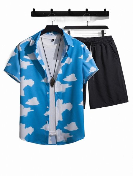 

men random cloud print shirt & drawstring waist shorts without tee 84ka#, Gray