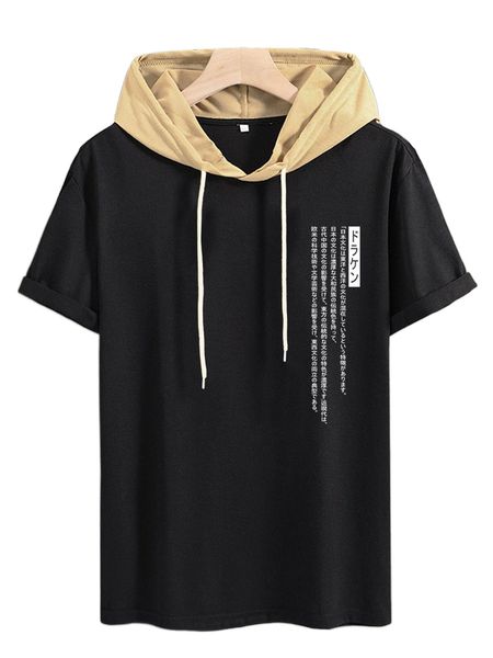 

men japanese letter graphic colorblock drawstring hooded tee q3cr#, White;black