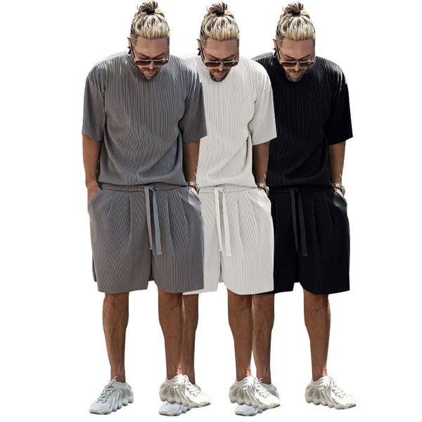 

summer trendy stripe loose tracksuits for mens holiday style short sleeve t-shirts and drawstring shorts casual 2 piece sets 2281, Gray