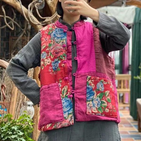 Johnature feminino de algodão vintage estampares coletes patchwrok de estilo chinês com calda de mangas em vés com gola vesca 2022 Pockets de primavera Luci22 feminino
