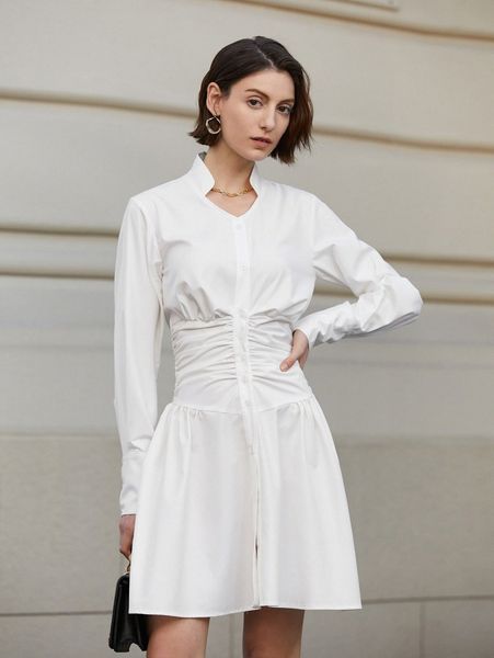 

notch neck ruched shirt dress s53h#, Black;gray