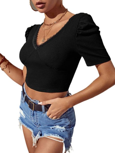 

contrast lace rib knit tee 60l8#, White