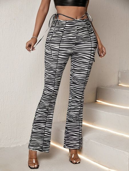 

sxy zebra stripe cut out tie side flare leg pants r9bp#, Black;white