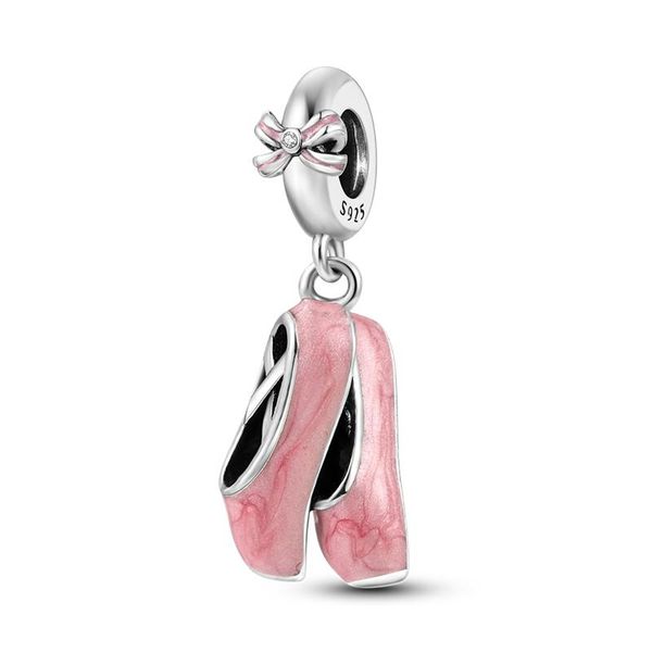 Charms elegantes rosa amor sapato de balé de arco nó pano de charme de fita colar de bracelete de contas de bracelete pata 925 jóias de bricolage prata fazendo womenncharms charmc