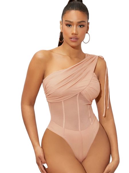 

one shoulder ruched sheer mesh bodysuit w95u#, White