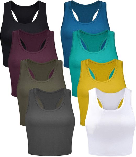 

8 pieces basic crop tank sleeveless racerback crop sport cotton for women w2my#, White