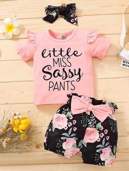 

toddler girls letter graphic tee & floral shorts & headband she01, White