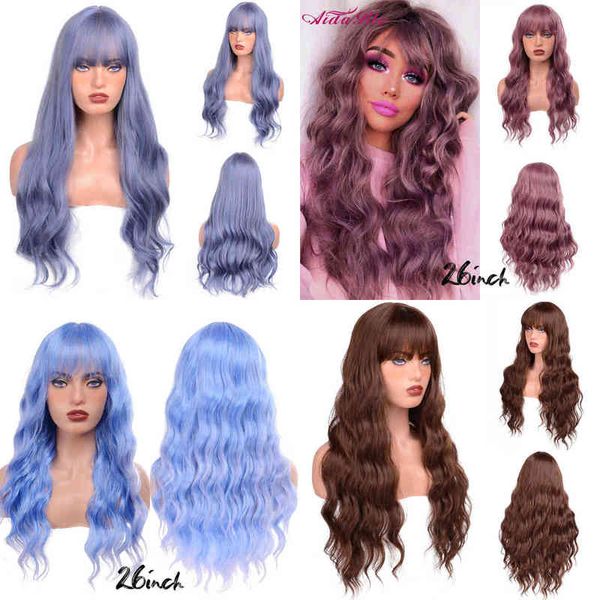 

orange red synthetic wigs with bangs long water wave for women blue/blonde/ginger cosplay party heat resistant wig 220622, Black