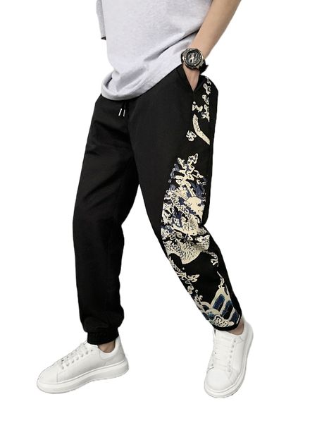 

men dragon graphic slant pocket pants 93nz#, Black