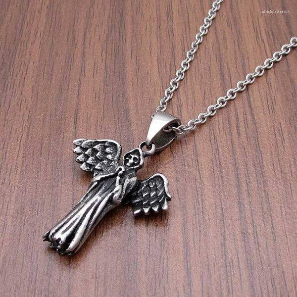 Anhänger Halsketten Punk 316L Edelstahl Silber Farbe Schwarz Winkel Teufel Schädel Feder Schmuck Für frauen GiftPendant