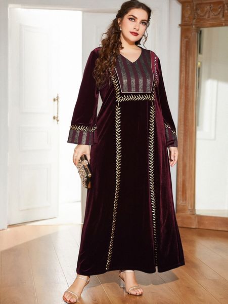 

plus striped plant embroidered trumpet sleeve velvet dress g6wb#, Black