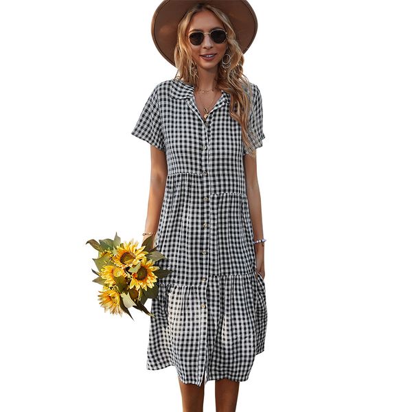 

casual dresses ladies vintage boho summer dress women midi loose holiday plaid beach shirt sundress female robe vestidos, Black;gray