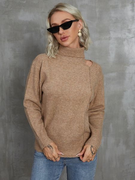 

knit mix turtleneck cut out shoulder sweater w4wx#, White;black