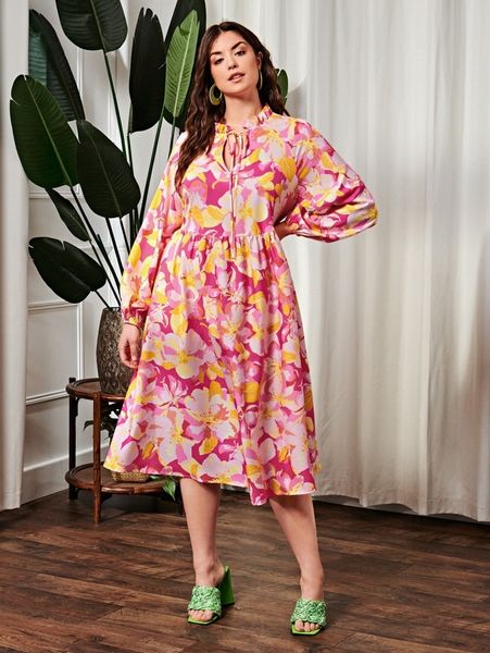 

plus lantern sleeve tie neck floral print dress j1lp#, Black