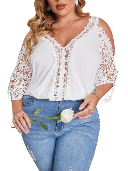 

plus contrast lace cold shoulder k05k#, Black