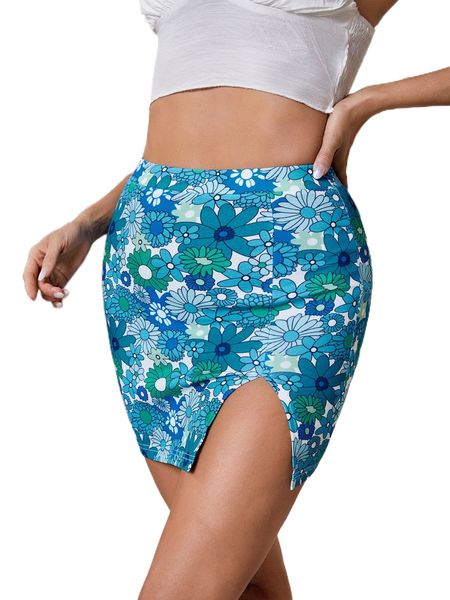 

floral print split hem skirt u52w#, Black
