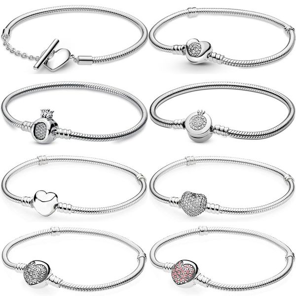 Prata Esterlina 925 Charms Moments Pave Heart T-BAR Sparkling Crown O Snake Chain Beads Original Fit Pandora Bracelet Jewelry Making DIY Gift